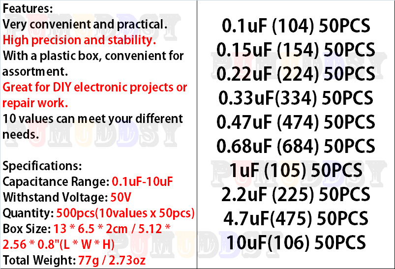 500 개/몫 10 값 * 50 개 0.1 미크로포맷- - Capacitor Kit Assortment 리뷰 및 가격